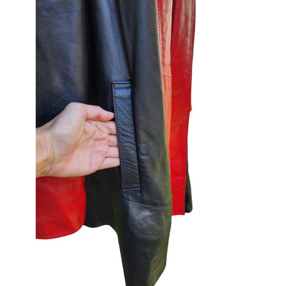 Vtg 80s David Benjamin Long Red Black Geometric Leather Funky Abstract Coat Sz S - Picture 3 of 9